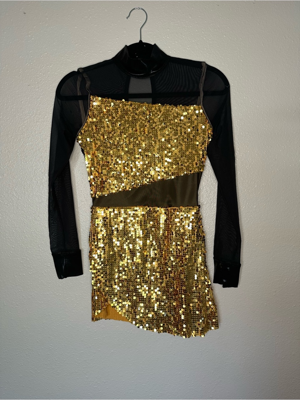 balera Gold Sequin Asymmetrical Mesh Dress